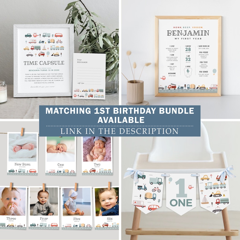 May include: A printable set of first birthday party decorations featuring a transportation theme. The set includes a time capsule, a first year milestone chart, a banner, and photo cards for each month of the baby's first year. The decorations are in a blue, red, and yellow color scheme with illustrations of cars, trucks, and airplanes.