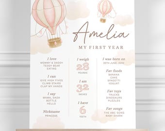 Letrero de hito con globo aerostático rosa, tablero de hito con globo aerostático moderno, decoración para el primer cumpleaños de niña, plantilla editable/imprimible, n.° H001