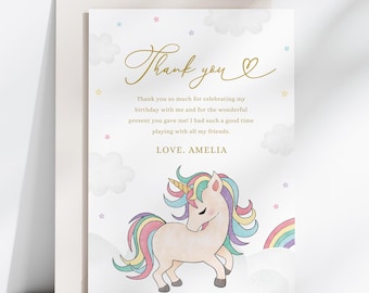 Unicorn Birthday Party Thank You Card, Pastel Unicorn Thank You Note, Girl Birthday, Editable/Printable Template, Instant Download, #H048