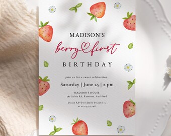 Strawberry Birthday Invitation : Berry First (Editable/Printable template, Instant Download) #H073