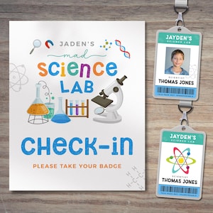 Editable Scientist Check-in Sign & ID Badge Set, Printable Scientist Name Tag Template, Science Birthday Decoration, Instant Download, #H054