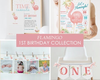 Bearbeitbare Flamingo 1. Geburtstag Bundle, Flamingo Party Sammlung, Geburtstag Mädchen, erstes Jahr, Sofortiger Download, druckbare Vorlage