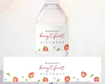 Strawberry Birthday Water Bottle Label : Berry First, Editable/Printable Template (Instant Download) #H073