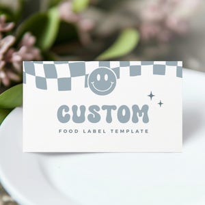 Etiqueta de comida para aniversário de "One Happy Dude", cartão de lugar com rosto sorridente retrô, cartão de nome de comida dobrado, download instantâneo, modelo para impressão/editável, #H061