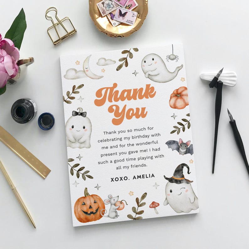 Cute Halloween Birthday Thank You Card, Spooky Party Thank You Note ...