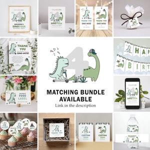 May include: A set of printable dinosaur-themed party decorations for a 4th birthday. The set includes a banner, cupcake toppers, food labels, thank you tags, and a water bottle label. The decorations feature a green dinosaur riding a scooter and a green dinosaur with a hat. The text on the decorations says "Benjamin's Dino Four".