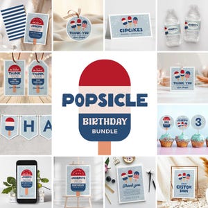 Popsicle Birthday Bundle, 4th of July Party Collection, Summer Birthday Decoration, Instant Download, Editable/Printable template, #H056