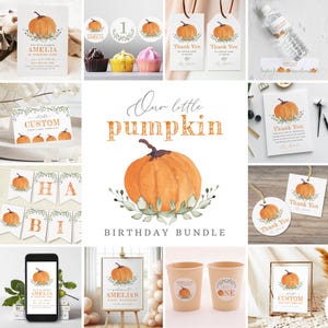 Notre lot d'anniversaire petite citrouille, collection de fête d'automne minimaliste, décoration d'anniversaire, téléchargement immédiat, modèle modifiable/imprimable, # H007