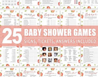 Paquete de juegos para baby shower con temática de fresas: tarjetas, boletos, letreros (plantilla editable/imprimible, descarga instantánea) #S073