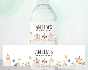 Farm Birthday Water Bottle Label, Barnyard Party Water Bottle Wrap, Cute Farm Animals, Instant Download, Editable/Printable Template, #H053