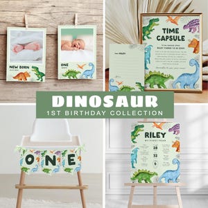 Pacote de primeiro aniversário de dinossauro, coleção moderna de festa de dinossauro, primeiro aniversário de menino, download instantâneo, modelo editável/imprimível, #H038
