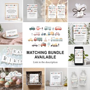 May include: A set of printable party decorations for a boy's birthday party with a transportation theme. The decorations include a banner, cupcake toppers, food labels, thank you cards, favor tags, and a welcome sign. The decorations feature a variety of vehicles, including cars, trucks, buses, airplanes, and helicopters. The colors are blue, red, yellow, green, and gray.