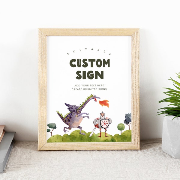 Editable Dragon Birthday Custom Sign, Knight Birthday Table Sign, Boy Birthday Decoration, Instant Download, Printable template, #H031