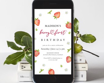 Strawberry Birthday invitation for Phone : Berry First (Instant Download, Editable Template), #H073