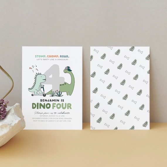 Editable Dinosaur Birthday Party Invitation, Dinosaur Invite, Dino-four Birthday, Birthday Boy, Instant Download, Printable Template, #H024
