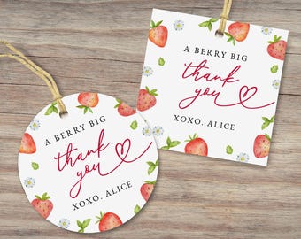 Etiquetas para recuerdos de baby shower con diseño de fresa: circulares y cuadradas, plantilla editable/imprimible (descarga instantánea) #S073
