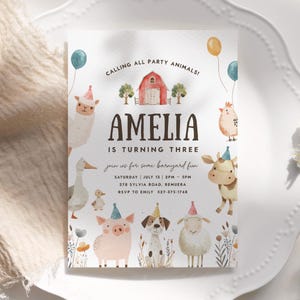 Invito di compleanno modificabile per fattoria, invito per festa con simpatici animali da fattoria, invito per festa in fattoria, download immediato, modello stampabile, #H053