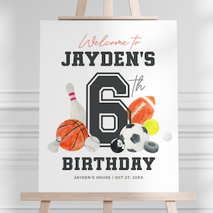 Placa de boas-vindas com tema esportivo para aniversário, placa de boas-vindas para festa All Star, decoração de aniversário para meninos, download instantâneo, modelo editável/imprimível, #H050