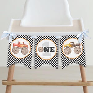 Editable Monster Truck ONE High Chair Banner, Truck Birthday Bunting Banner, Boy 1st Birthday, Instant Download, Printable template, #H003