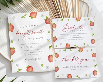Strawberry Baby Shower Invitation Set : Books for baby Card, Thank you Card (Instant Download, Editable/Printable Template) #S073
