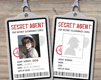 Identificación editable de agente secreto espía: Insignia vertical (plantilla imprimible, descarga instantánea) #H039