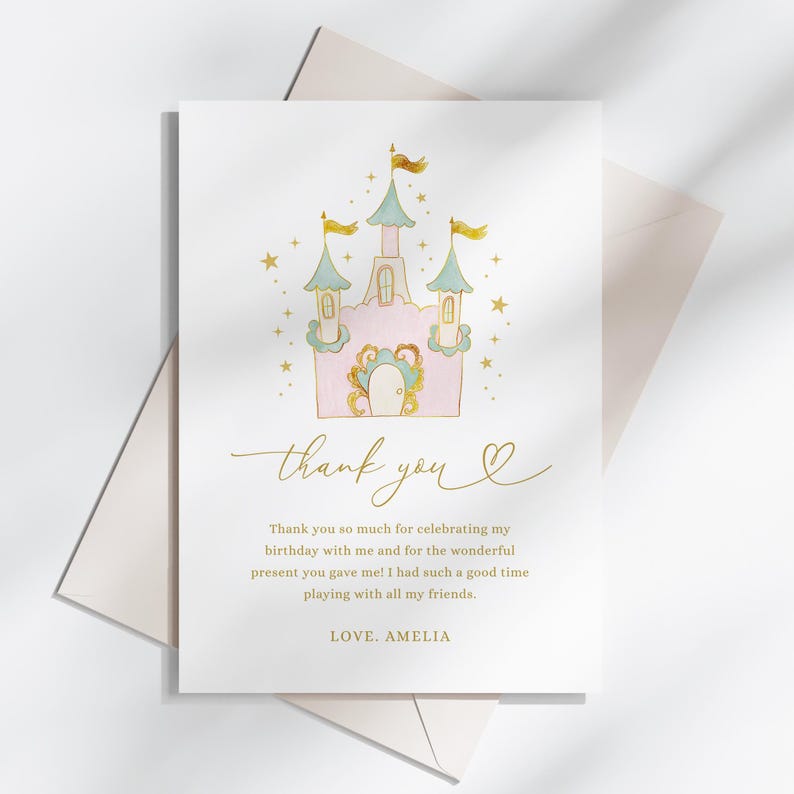 Princess Birthday Thank You Card, Magical Birthday Thank You Note, Girl