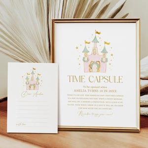Placa de cápsula do tempo de aniversário de princesa, cartão de mensagem do castelo da princesa, 1º aniversário de menina, download instantâneo, modelo editável/imprimível, #H045