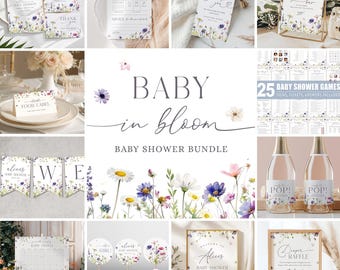 Paquete para baby shower "Baby in Bloom": Flores silvestres, invitación y decoraciones (descarga instantánea, plantilla editable/imprimible) #S074