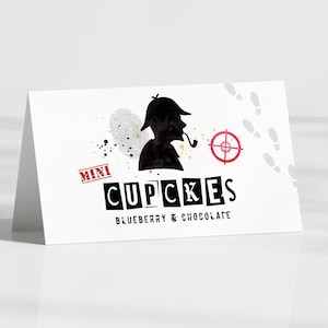 Bewerkbaar voedseletiket voor spionverjaardag, geheim agent gevouwen tafelverjaardagskaart, verjaardagsdecor jongen, instant download, afdrukbare sjabloon, #H039