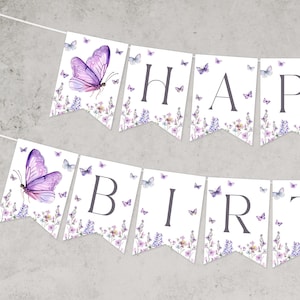 Schmetterling alles Gute zum Geburtstagbanner, modernes Blumengirlandenbanner, Mädchen-Geburtstagsdekor, sofortiger Download, bearbeitbare / druckbare Vorlage, #H049
