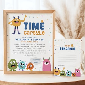Monster Geburtstag Zeitkapsel Zeichen, passende Nachrichtenkarten, kleines Monster Geburtstag, sofortiger Download, bearbeitbare / druckbare Vorlage, #H017