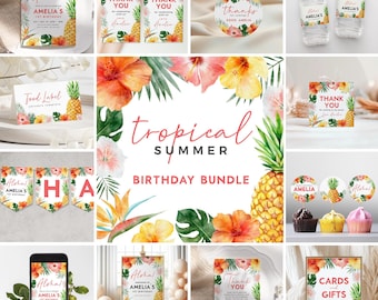 May include: Tropical Summer Birthday Party printable bundle with a watercolor design featuring pineapples, hibiscus flowers, and green leaves. The bundle includes invitations, thank you cards, food labels, water bottle labels, cupcake toppers, and a banner.