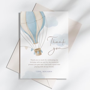Cartão de agradecimento de aniversário com balão de ar quente, nota de agradecimento para cima e para longe, aniversário de menino, download instantâneo, modelo editável/imprimível, #H001