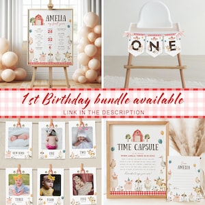 May include: A collection of first birthday party decorations. Includes a welcome sign, photo cards, a high chair banner, a time capsule sign, and a letter. The theme features farm animals and a red barn.
