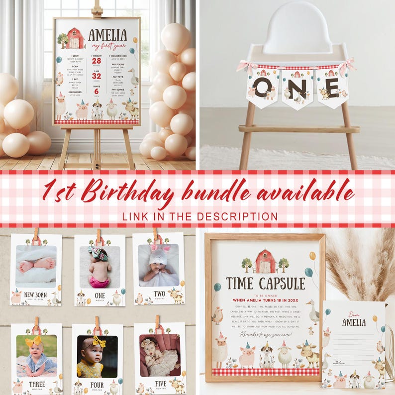 May include: A collection of first birthday party decorations. Includes a welcome sign, photo cards, a high chair banner, a time capsule sign, and a letter. The theme features farm animals and a red barn.