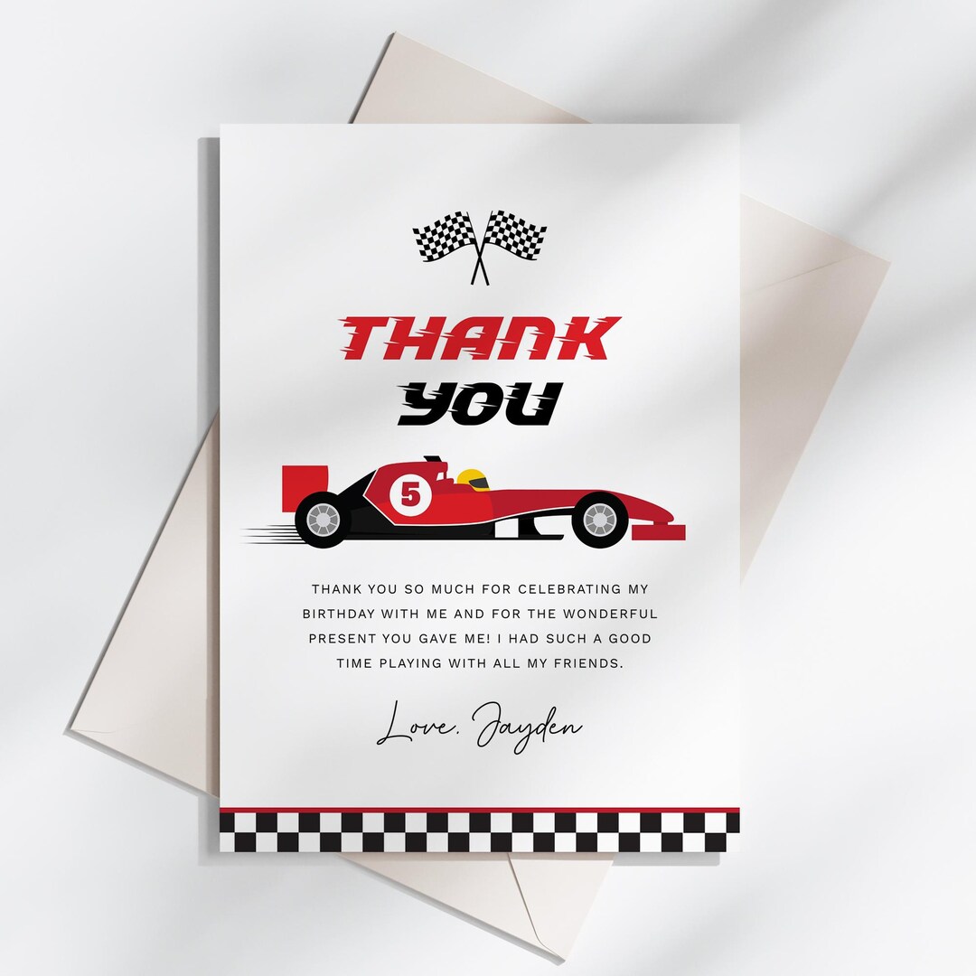 Race Car Birthday Thank You Card, Racing Car Party Thank You Note, Boy ...