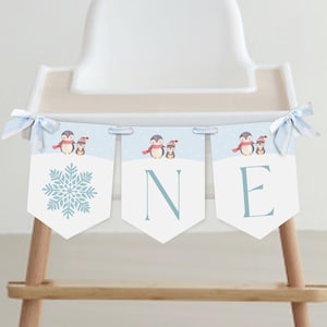 Banderín editable para trona Penguin ONE, banderín para cumpleaños de invierno, cumpleaños de Navidad, descarga instantánea, plantilla imprimible, n.° H008