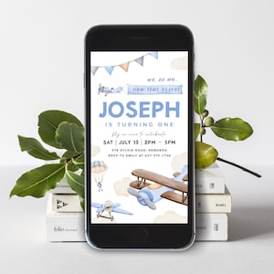 Editable Airplane Birthday E-invite Template, Vintage Airplane Invite for Phone, How time flies, Boy 1st Birthday, Instant Download, #H059