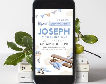 Editable Airplane Birthday E-invite Template, Vintage Airplane Invite for Phone, How time flies, Boy 1st Birthday, Instant Download, #H059
