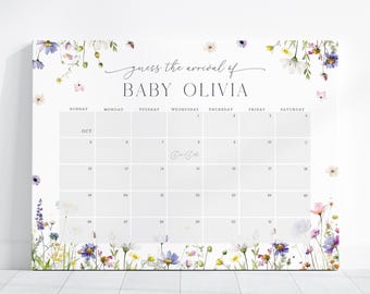 Calendario de fecha de parto para baby shower "Baby in Bloom": Wildflower (Descarga instantánea, plantilla editable/imprimible) #S074