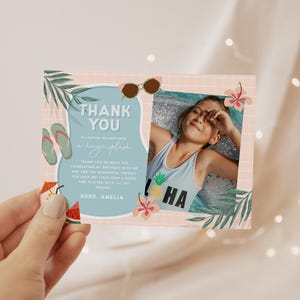 Cartão de agradecimento com foto editável para festa na piscina, nota de agradecimento para aniversário de verão de menina, festa na piscina, modelo para impressão, download instantâneo, #H057