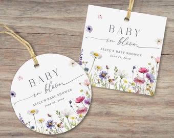 Etiquetas para recuerdos de baby shower "Baby in Bloom": Wildflower, 2x2 (Descarga instantánea, plantilla editable/imprimible) #S074