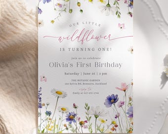Invitación de primer cumpleaños con temática de flores silvestres: Fiesta en el jardín (plantilla editable/imprimible, descarga instantánea) #H074