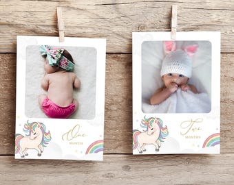 Banner fotográfico mensual de cumpleaños de unicornio, fotos de hitos de fiesta mágica, cumpleaños de niña, descarga instantánea, plantilla editable/imprimible, H048