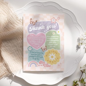 Groovy Girl Geburtstags-Dankeschön-Karte, Retro Schmetterling-Dankeschön-Notiz, Pastellregenbogen, bearbeitbare / druckbare Vorlage, Sofort-Download, #H062
