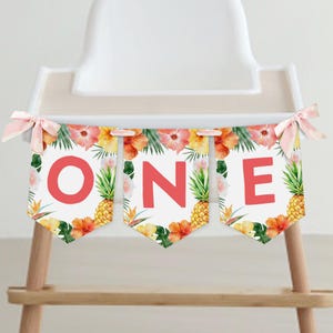 Tropical Birthday ONE High Chair Banner, Hawaiian Party Banner, Luau 1st Birthday, Instant Download, Editable/Printable template, #H058