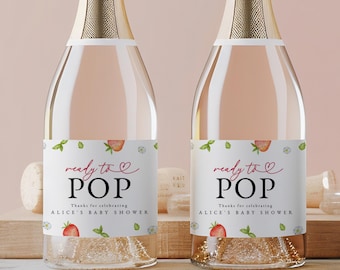 Etiquetas para champán de baby shower con diseño de fresa: listas para descorchar (descarga instantánea, plantilla editable/imprimible) #S073