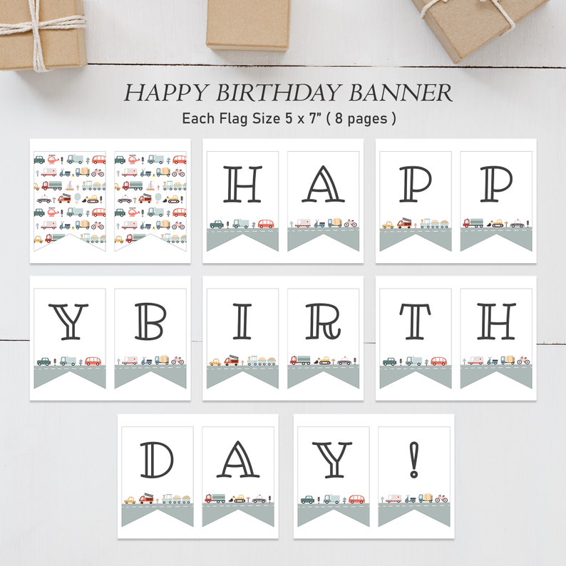 Editable Transportation Happy Birthday Banner, Transportation bunting banner, Boy Birthday, Instant Download, Printable template, H025 image 5