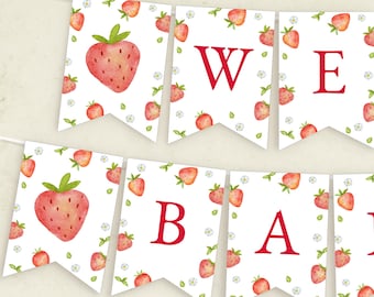 Banner para baby shower con diseño de fresas: Plantilla editable/imprimible (descarga instantánea) #S073