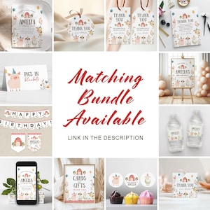 May include: A collection of party supplies with a farm animal theme. Includes invitations, thank you tags, a banner, water bottle labels, and cupcake toppers. The text "Matching Bundle Available" is displayed in red.